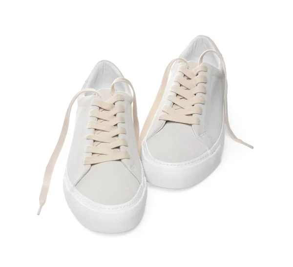 Bir Çift Şık Bej Spor Ayakkabısı Beyaza Izole Edilmiş — Stok fotoğraf