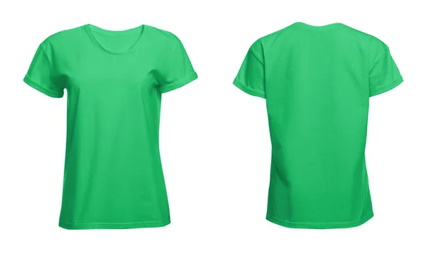 白底浅绿色女性T恤的前后视图 用于设计的模型 — 图库照片