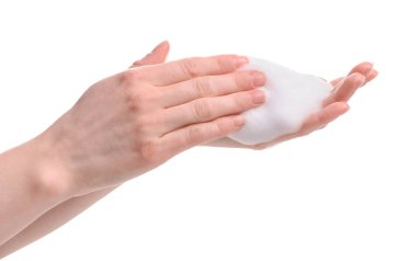 Woman with bath foam on white background, closeup