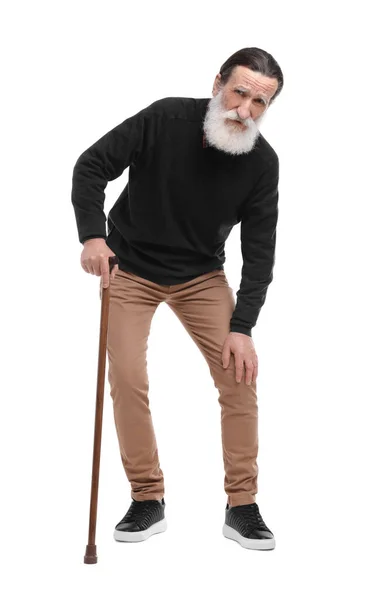 Starší Muž Chodící Hůl Trpí Bolestí Kolena Bílém Pozadí — Stock fotografie