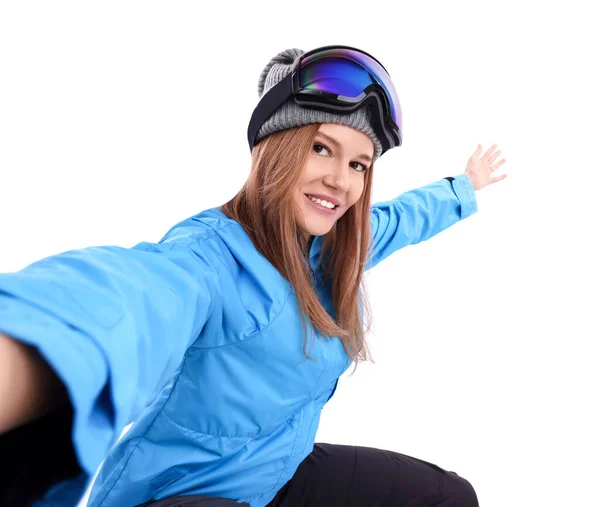 Hermosa Mujer Gafas Esquí Tomando Selfie Sobre Fondo Blanco — Foto de Stock
