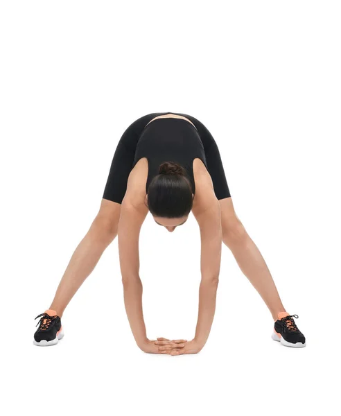 Woman Stretching White Background Morning Exercise — Stock Photo, Image