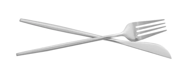 Knife Fork Isolated White Top View Stylish Shiny Cutlery Set — Fotografia de Stock