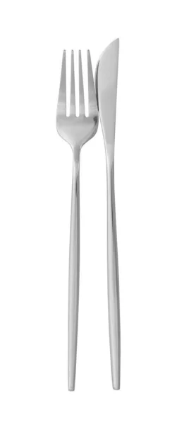 Knife Fork Isolated White Top View Stylish Shiny Cutlery Set — Stock Photo, Image