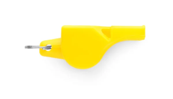 Ένα Κίτρινο Πλαστικό Σφύριγμα Απομονώνονται Λευκό Πάνω Όψη — Φωτογραφία Αρχείου
