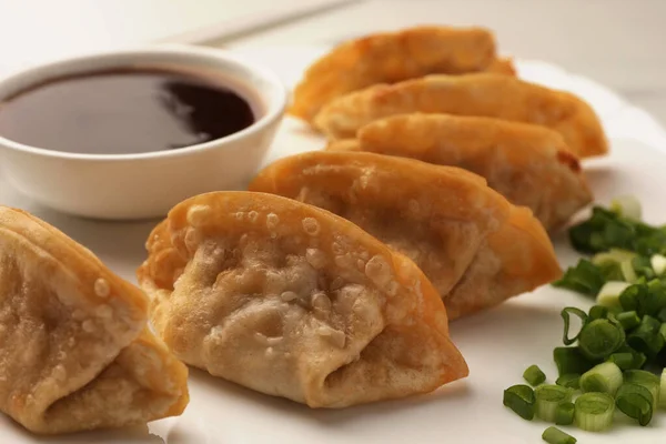 stock image Delicious gyoza (asian dumplings) with green onions and soy sauce on plate, closeup