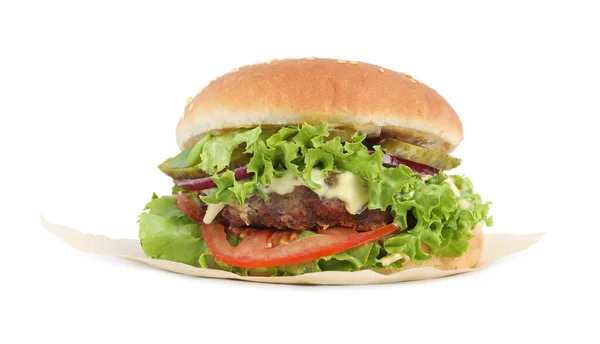 stock image Delicious burger with beef patty and lettuce isolated on white