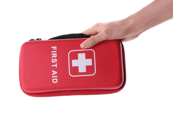 Woman Holding First Aid Kit White Background Closeup — Stock Photo, Image