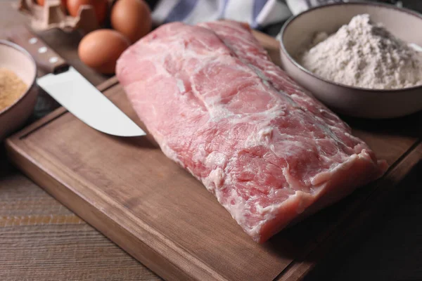 Fresh Pork Meat Other Ingredients Cooking Schnitzel Wooden Table Closeup — Stock Photo, Image