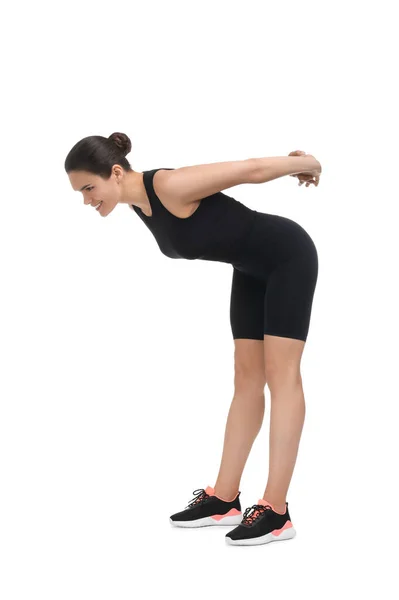 Happy Woman Stretching White Background Morning Exercise — Stock Photo, Image