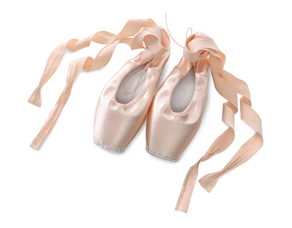 Beautiful Beige Ballet Shoes Cute Ribbons Isolated White Top View Stock Photo