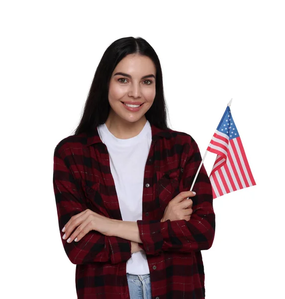 Lipca Dzień Niepodległości Ameryki Szczęśliwa Młoda Kobieta Trzyma Flagę Narodową — Zdjęcie stockowe