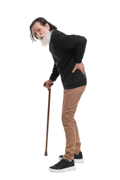 Senior Man Met Wandelstok Lijden Aan Rugpijn Witte Achtergrond — Stockfoto
