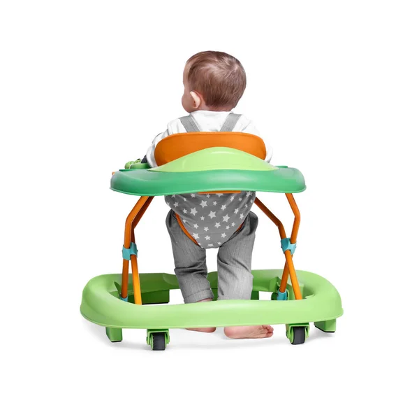 Cute Little Boy Making First Steps Baby Walker White Background — Stock Photo, Image
