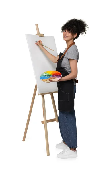 Mujer Joven Pintando Sobre Caballete Con Lienzo Sobre Fondo Blanco —  Fotos de Stock