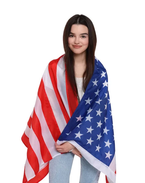 Ιουλίου Ημέρα Ανεξαρτησίας Της Αμερικής Ευτυχισμένο Έφηβο Κορίτσι Κρατώντας Εθνική — Φωτογραφία Αρχείου