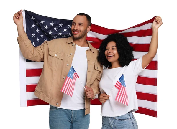 Julio Día Independencia América Pareja Feliz Con Banderas Nacionales Estados —  Fotos de Stock