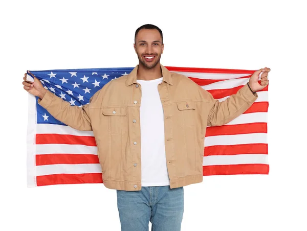 Lipca Dzień Niepodległości Ameryki Szczęśliwy Człowiek Flagą Narodową Stanów Zjednoczonych — Zdjęcie stockowe