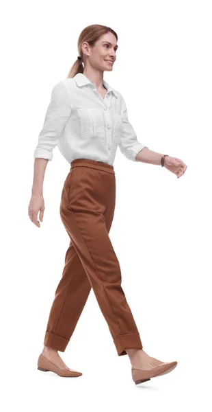 Piękny Szczęśliwy Businesswoman Chodzenie Białym Tle — Zdjęcie stockowe