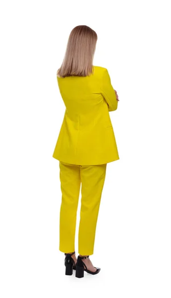 Affärskvinna Kostym Står Vit Bakgrund Baksida Visa — Stockfoto