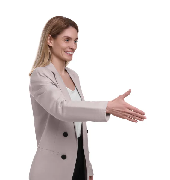 Krásné Šťastný Businesswoman Dávat Handshake Bílém Pozadí — Stock fotografie