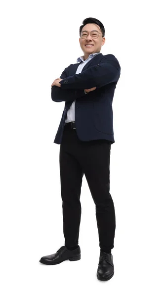 Uomo Affari Giacca Cravatta Posa Sfondo Bianco Vista Basso Angolo — Foto Stock