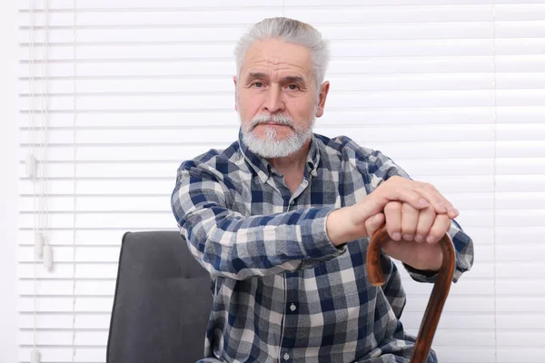 Senior Man Walking Cane Sitting Armchair Home — Stock Photo, Image