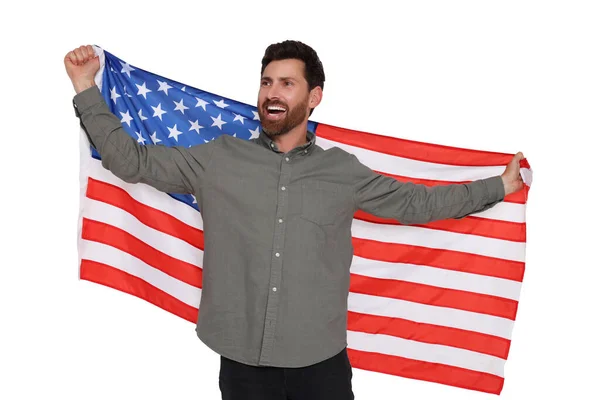 7月4日美国独立日 拿着美国国旗 背景为白色的快乐男人 — 图库照片