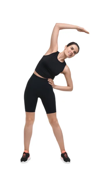 Happy Woman Stretching White Background Morning Exercise — Stock Photo, Image