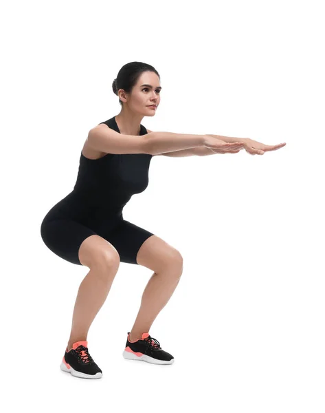 Woman Doing Squats White Background Morning Exercise — Stock Photo, Image