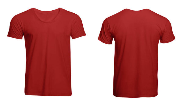 Front and back views of red men's t-shirt on white background. Mockup for design