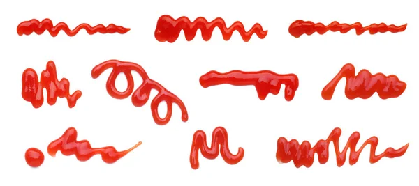 Set Different Ketchup Smears White Background Top View — Stock Photo, Image