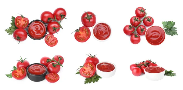 Set Med Välsmakande Ketchup Skålar Med Färska Tomater Och Persilja — Stockfoto