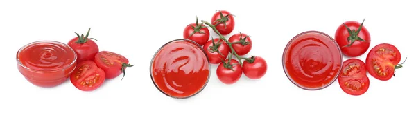 Conjunto Ketchup Saboroso Tigelas Tomates Frescos Fundo Branco Diferentes Vistas — Fotografia de Stock