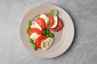 Domatesli lezzetli Caprese salatası, mozzarella, fesleğen ve baharatlar açık gri masada, üst manzara