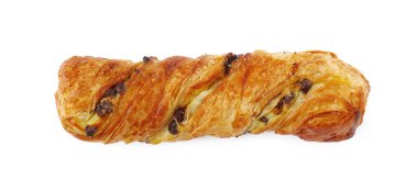 Kuru üzümlü tatlı çörek, beyaza izole edilmiş, üst manzara. Taze hamur işi