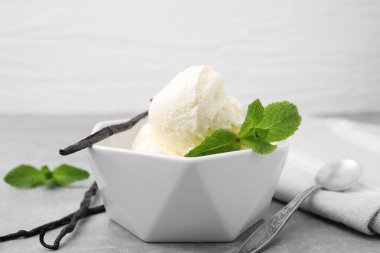 Lezzetli dondurma, nane, vanilya kabuğu ve kaşık açık gri masada, yakın plan.