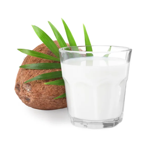 Glass Delicious Vegan Milk Coconut Leaf White Background — Stock Photo, Image