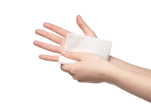 Woman Wiping Hands Paper Towel White Background Closeup — Stock Photo, Image