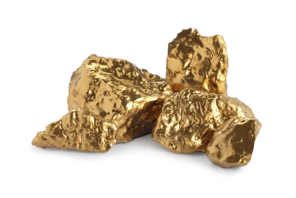 stock image Pile of shiny gold nuggets on white background