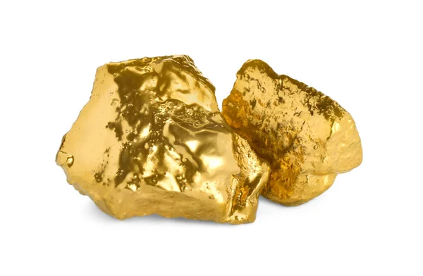 Två Glänsande Guld Nuggets Vit Bakgrund — Stockfoto