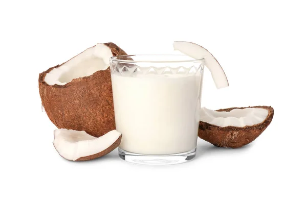 Glass Delicious Vegan Milk Coconut Pieces White Background — Stock Photo, Image