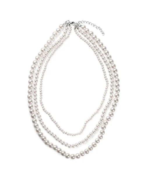 Elegante Collar Perlas Aislado Blanco Vista Superior —  Fotos de Stock