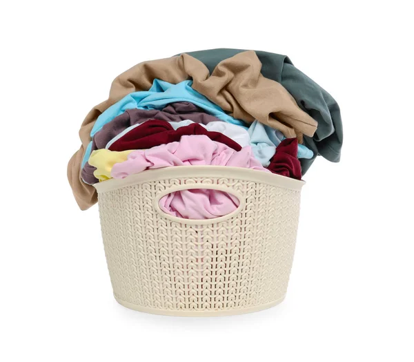 Wäschekorb Mit Sauberer Bunter Kleidung Isoliert Auf Weiß — Stockfoto