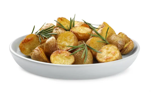 Heerlijke Gebakken Aardappelen Met Rozemarijn Geïsoleerd Wit — Stockfoto
