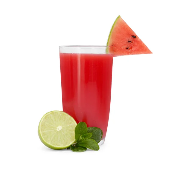 Delicious Drink Piece Fresh Watermelon Mint Lime Isolated White — Stock Photo, Image