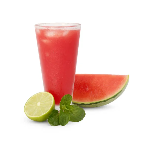 Glass Delicious Watermelon Drink Mint Cut Fresh Fruits Isolated White — Stock Photo, Image