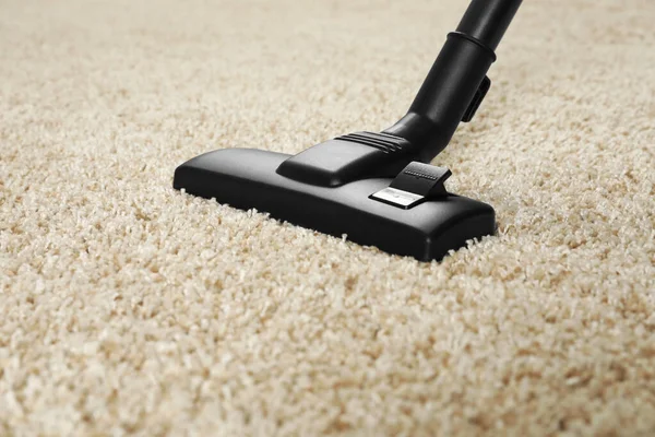 Hoovering Beige Carpet Modern Vacuum Cleaner Space Text — Stock Photo, Image