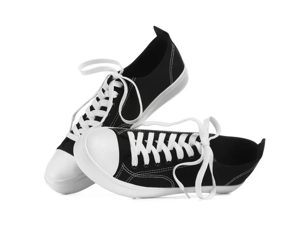 Pair Black Classic Old School Sneakers Isolated White — Stock Photo, Image