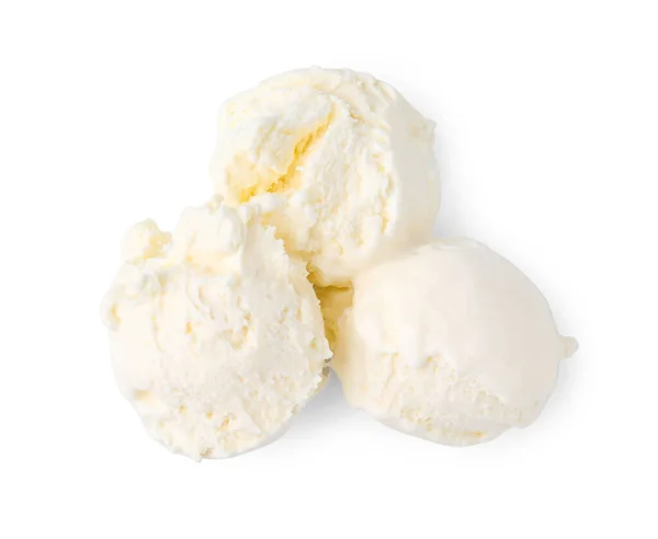 Schöpflöffel Leckeres Vanilleeis Isoliert Auf Weiß Von Oben — Stockfoto